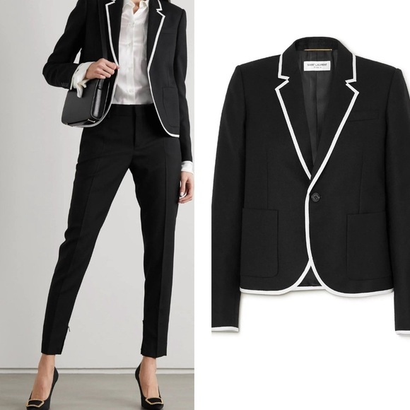 SAINT LAURENT women piped black wool trimmed blazer jacket - Picture 1 of 5